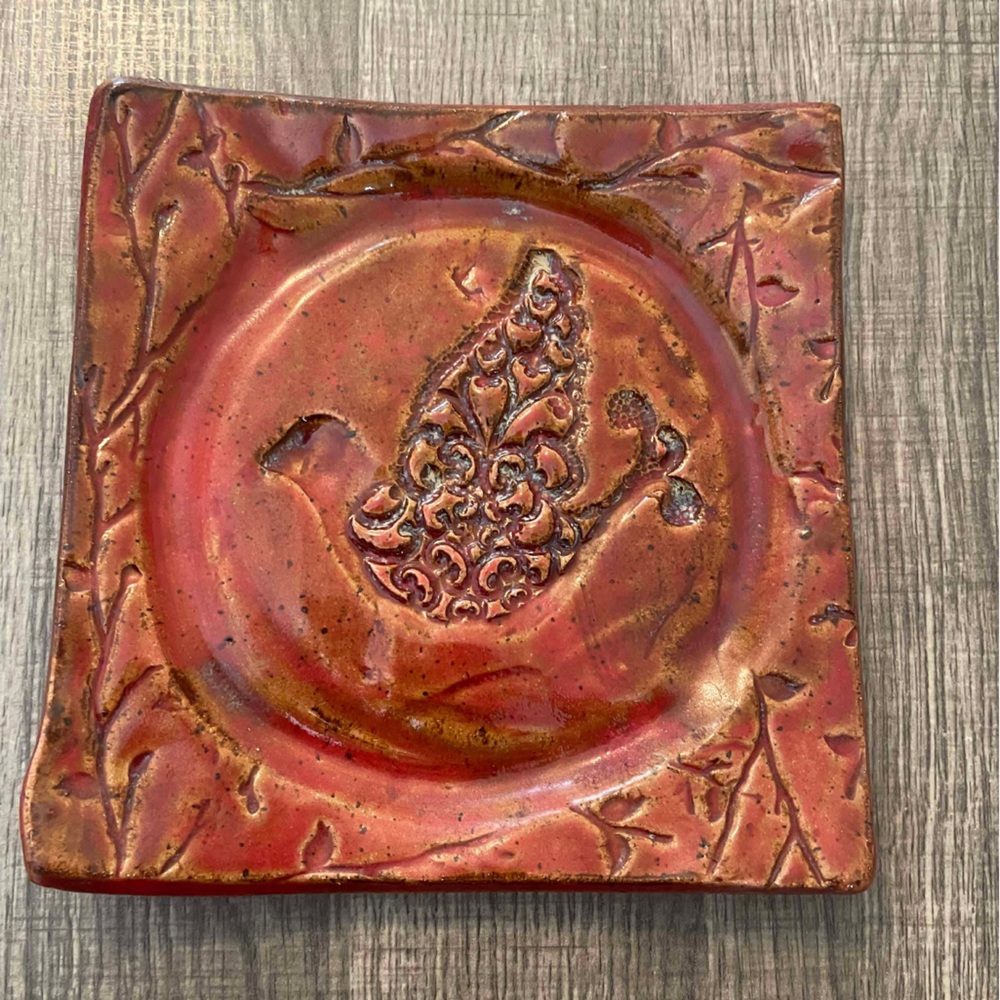 Red Ceramic Bird Plate